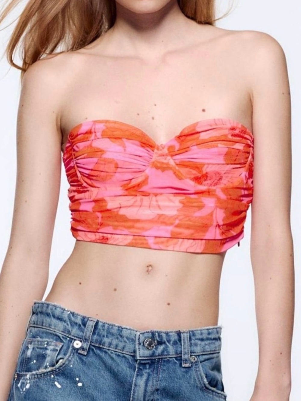 ZARA Tulle Floral Orange Pink Strapless Corset Top Size Small
